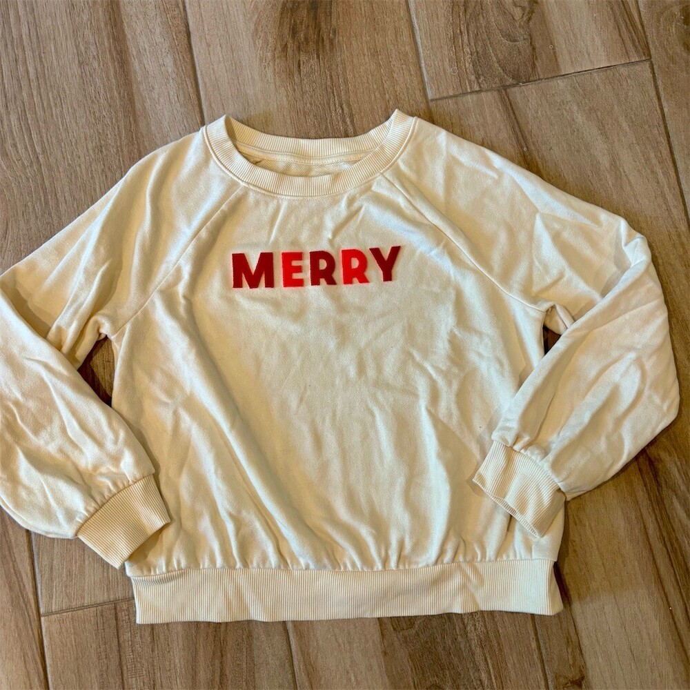 Cat & Jack Girls Holiday "MERRY" Crewneck Pullover Sweatshirt Ivory Size